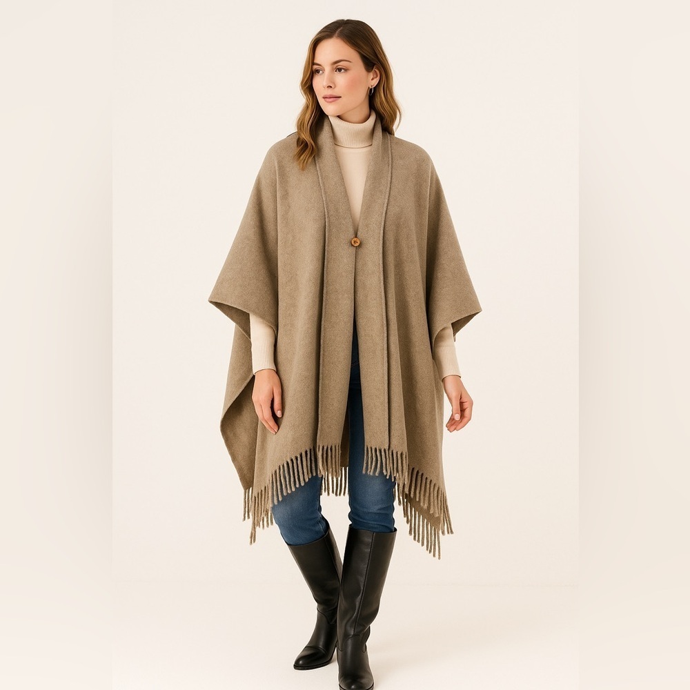 Wool Blend Taupe Fringe Shawl Wrap One Size Boho Minimalist Winter Cozy